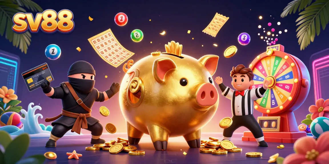 Engage in gaming thrills with sv88 as a golden piggy bank sumo wrestler claims victory in a vibrant casino scene.