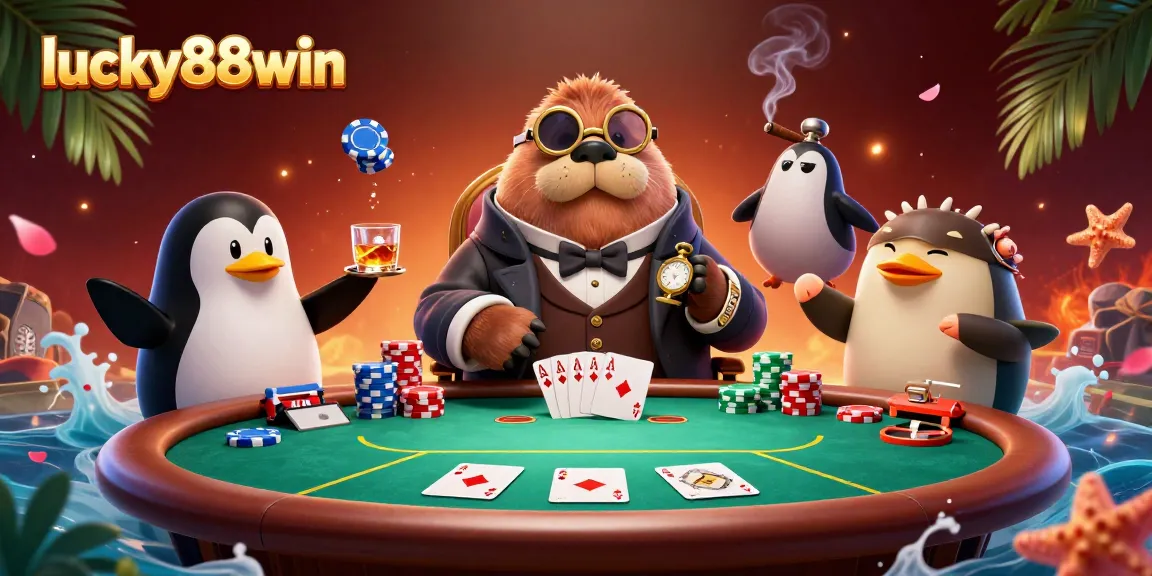 Experience the excitement at lucky88win with a jolly walrus playing poker and a bluffing pufferfish.