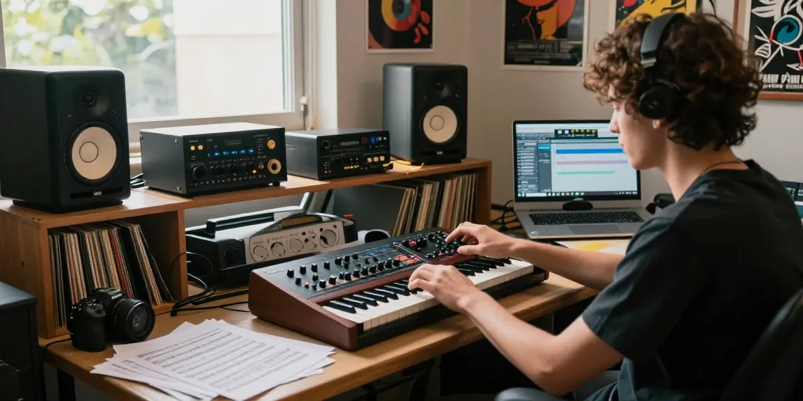 Music producer using the SC88 sound module in a vibrant studio with musical instruments.
