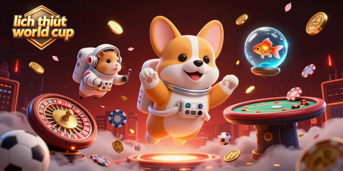 A playful scene depicting a 3D astronaut corgi amidst drifting poker elements, emphasizing lịch thi đấu world cup in a vibrant casino atmosphere.