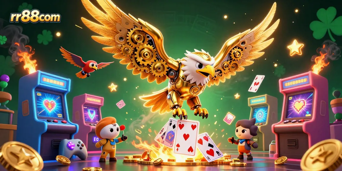 Engaging with gaming excitement at rr88com, a golden eagle soars amid holographic cards and arcade machines.