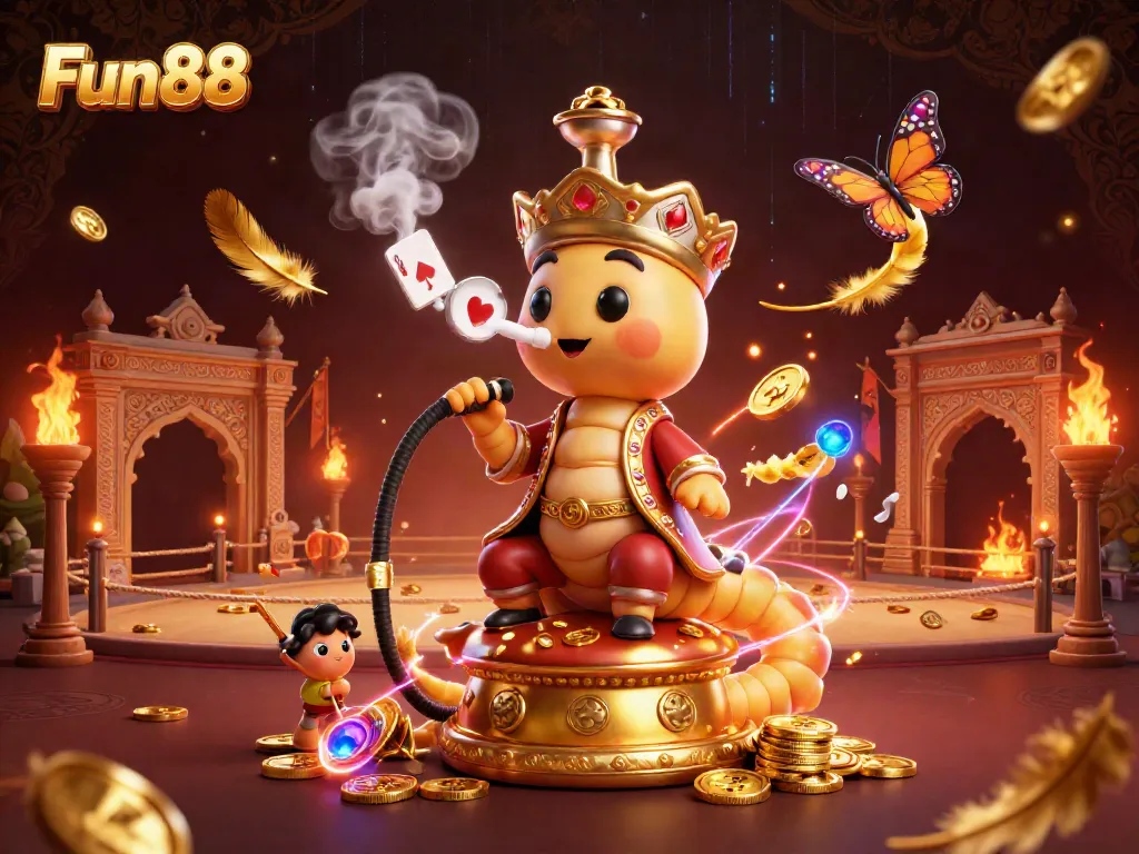 Fun88 players enjoy vibrant casino experiences with a 3D caterpillar hookah-master illustration.