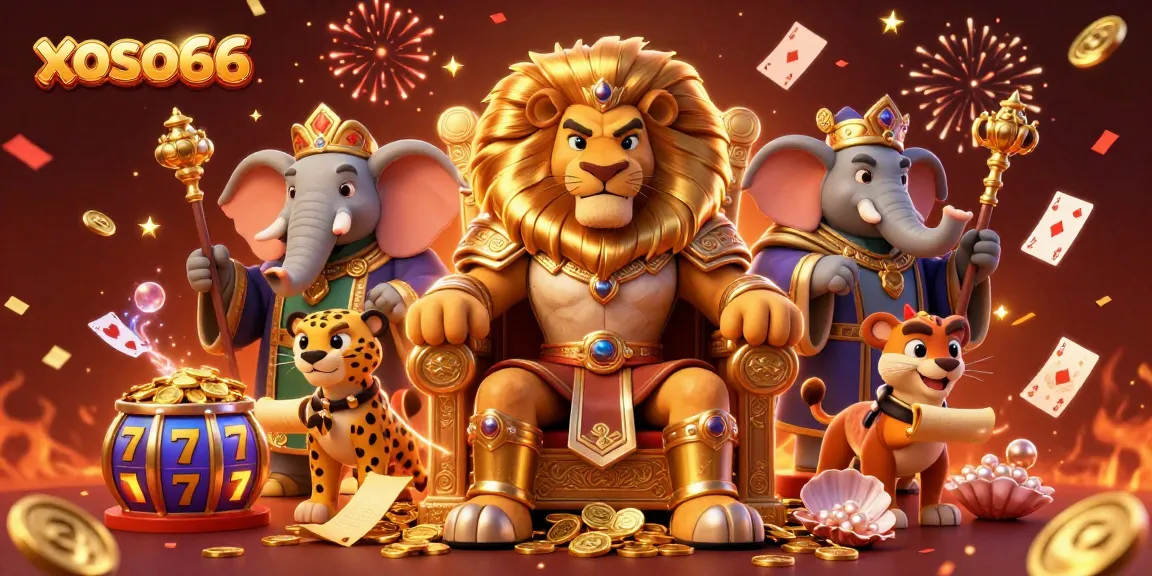 xoso66 showcases a vibrant casino scene with a lion king and elephant advisor, immersed in slot games.