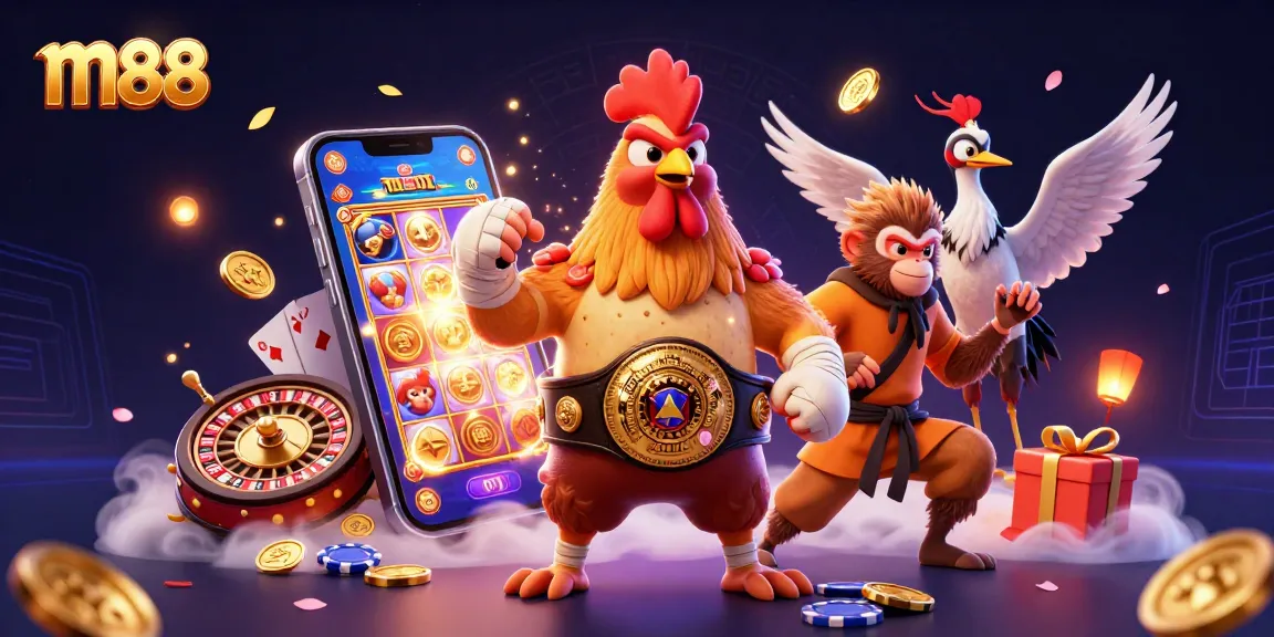 Experience wins at m88 with Muay Thai rooster, Shaolin monkey, and crane in vibrant casino scene.