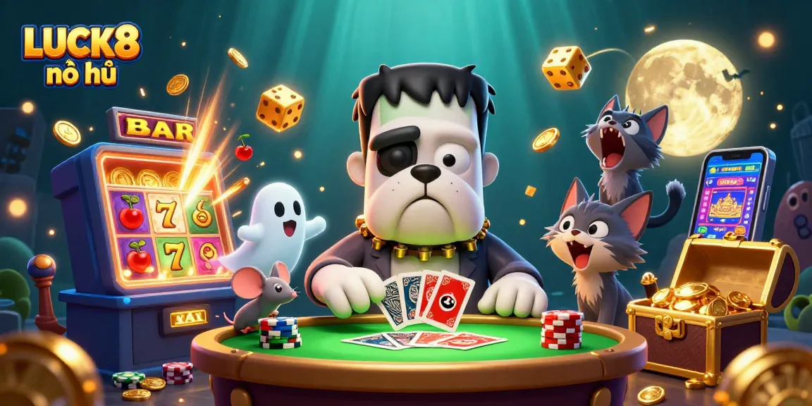 Engage in LUCK8 nổ hũ excitement with a vibrant casino illustration showcasing thrilling jackpot moments and enchanting characters.