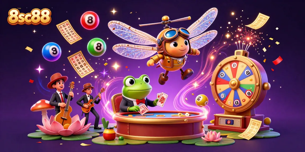 Experience thrilling gameplay at 8sc88 with vibrant casino action, colorful lottery elements, and engaging characters.