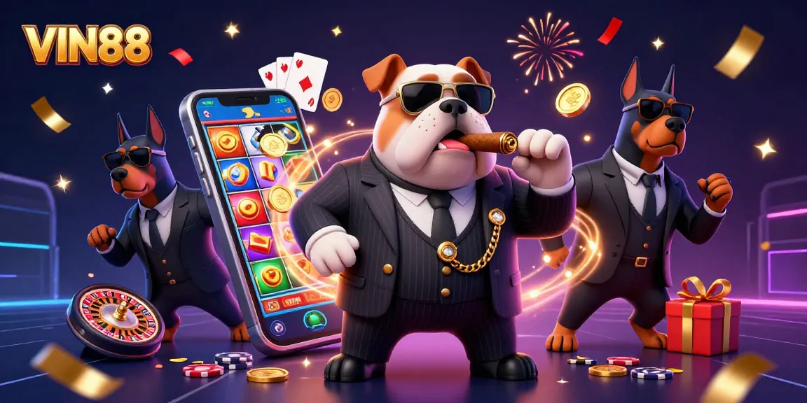 Engage with VIN88's vibrant gaming scene featuring a bulldog mafia boss and dynamic game elements.