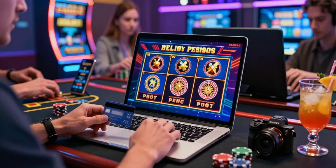 Online casino gaming experience highlighting players using credit cards at https://saintnicolasplace.co.uk with vibrant slot games and lively ambiance.