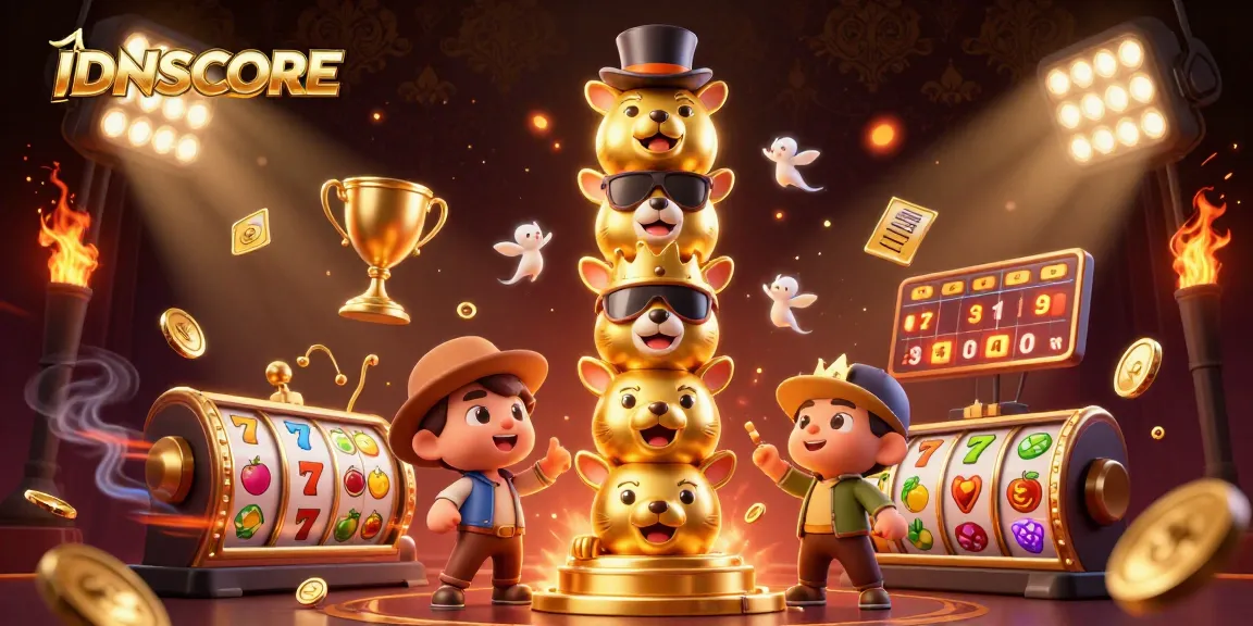 Spin and win at IDNSCORE with animated slot reels, golden trophy, and vibrant game elements!