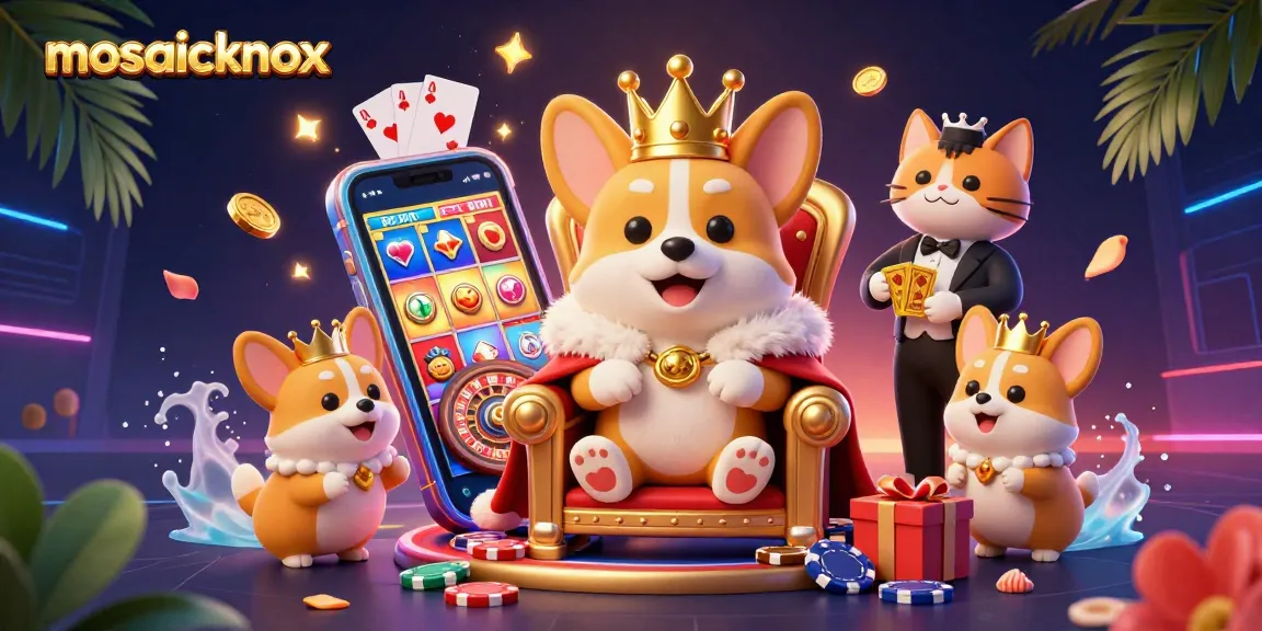 Immerse in the vibrant world of mosaicknox with lively corgi characters, dynamic slot games, and rich casino elements!