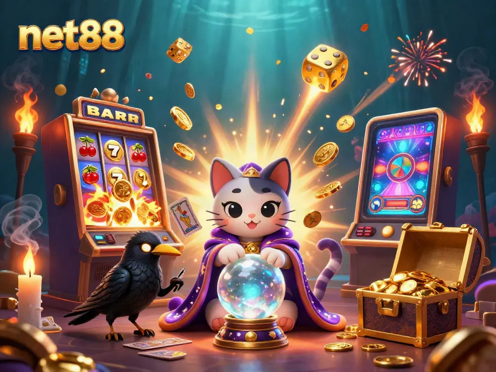 Experience thrilling gameplay at net88 with vibrant slot machines, mystic characters, and a jackpot explosion.