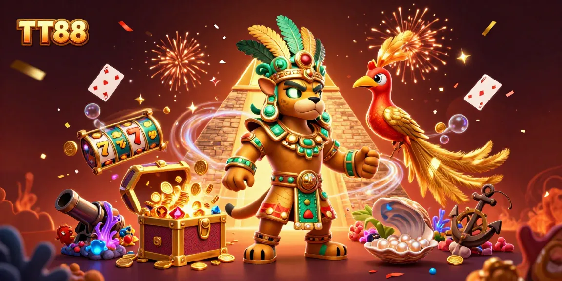 Experience excitement with TT88's vibrant gaming scene featuring slot reels and dynamic characters.