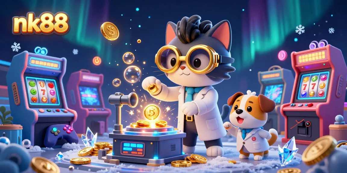 Engage with nk88's thrilling casino environment featuring a mad scientist cat and dog creating gold coins amidst vibrant game elements.