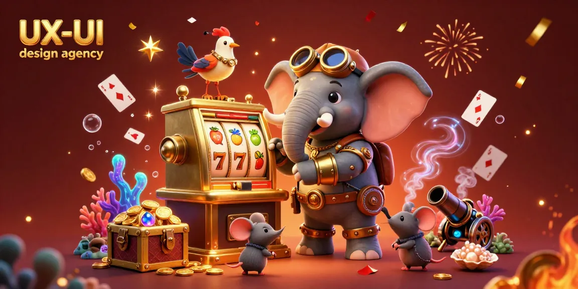 Spin the golden slot machine with a 3D cartoon elephant engineer at this UX/UI design agency's creative casino scene.