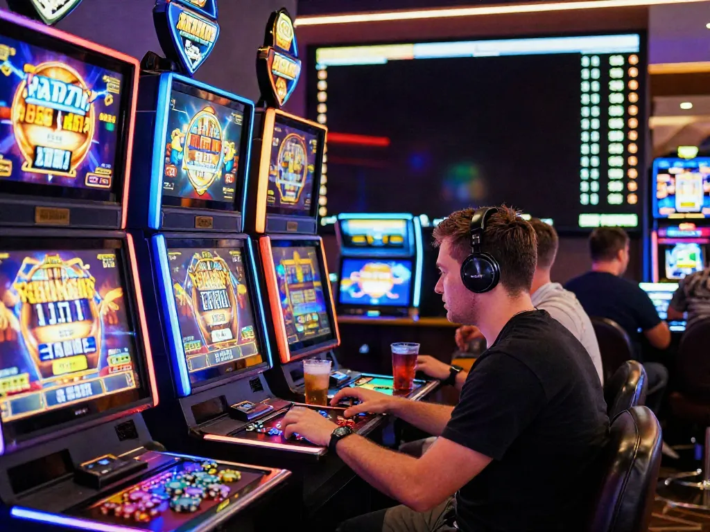 Exciting gameplay at i24Slots Casino featuring vibrant slot machines and enthusiastic players.