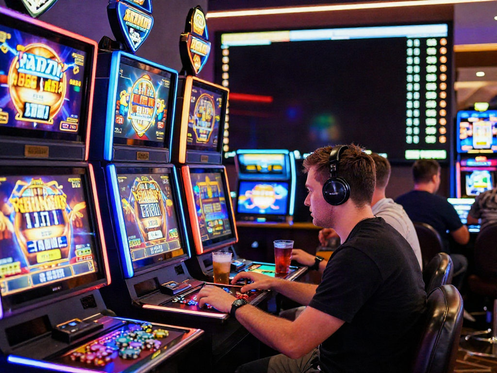 Exciting gameplay at i24Slots Casino featuring vibrant slot machines and enthusiastic players.