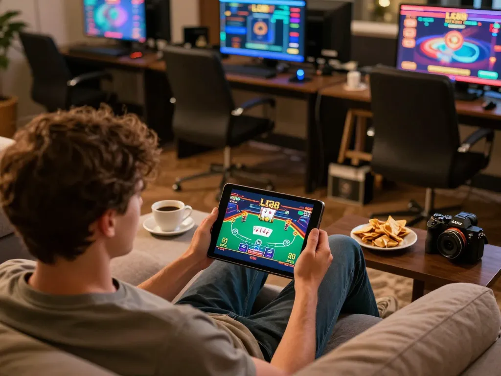 Engaging player enjoying poker action on lc88 com through tablet in cozy home environment.