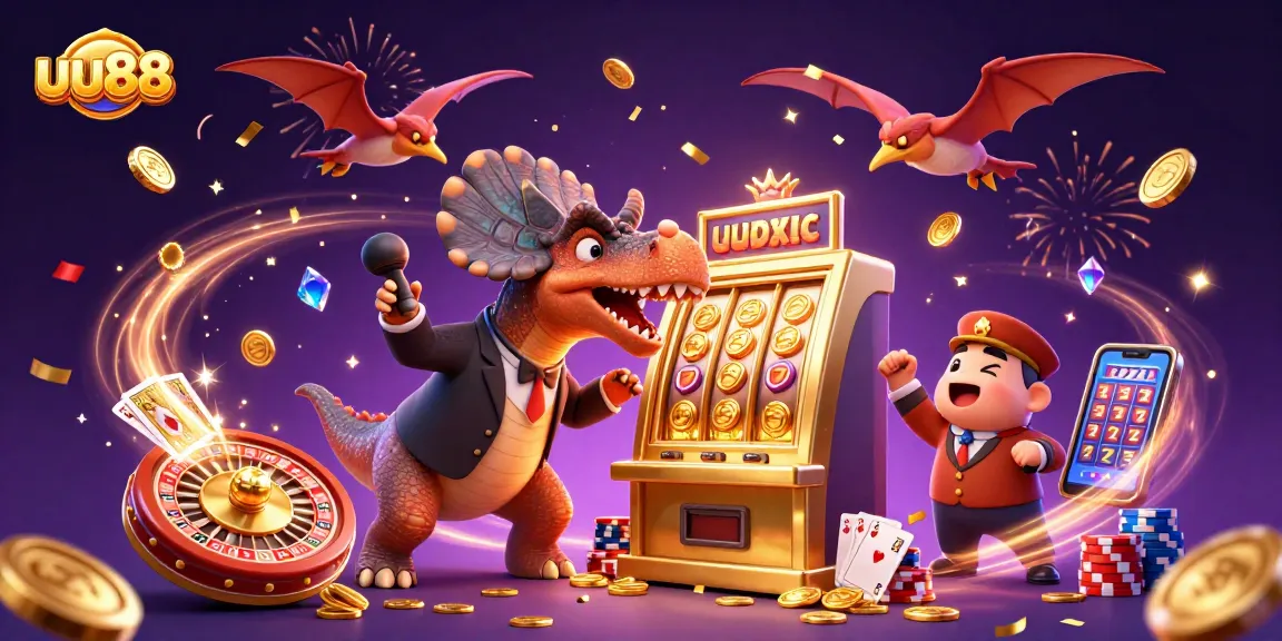 Experience jackpot excitement with uu88 as dinosaurs enjoy a thrilling casino scene.