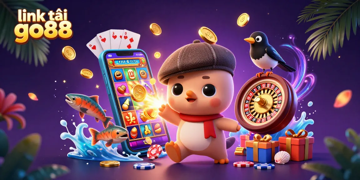 Enjoy the vibrant scene showcasing link tải go88 with thrilling slots and playful characters in a festive atmosphere.