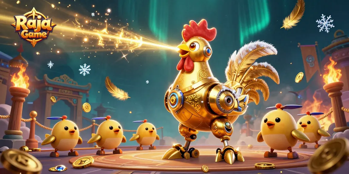 Engage with Raja Game as the golden rooster robot unleashes rewards in a vibrant casino scene.
