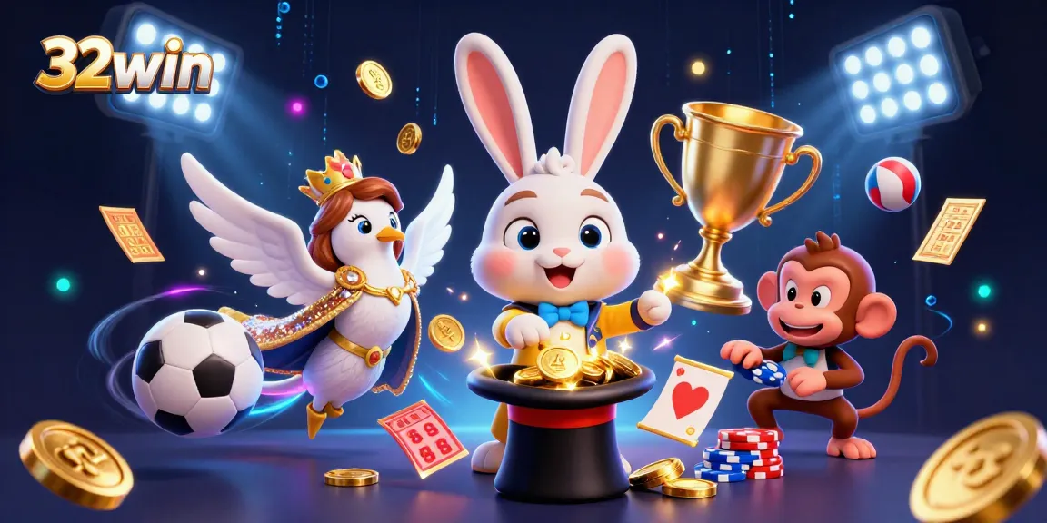 32win features a playful scene of a magician rabbit and companions surrounded by dynamic sports-themed elements.