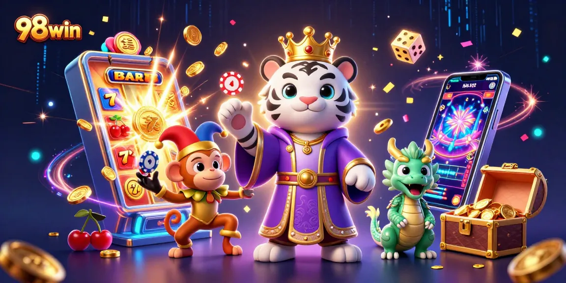 Experience thrilling jackpots with 98win's vibrant casino illustration featuring exciting game elements.