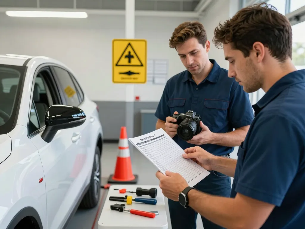 Vehicle inspection Lyft process at a mechanic station with a driver and technician ensuring safety standards.
