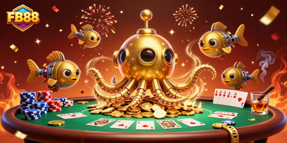 Engage in betting excitement with FB88's unique golden kraken submarine amid thrilling poker elements.