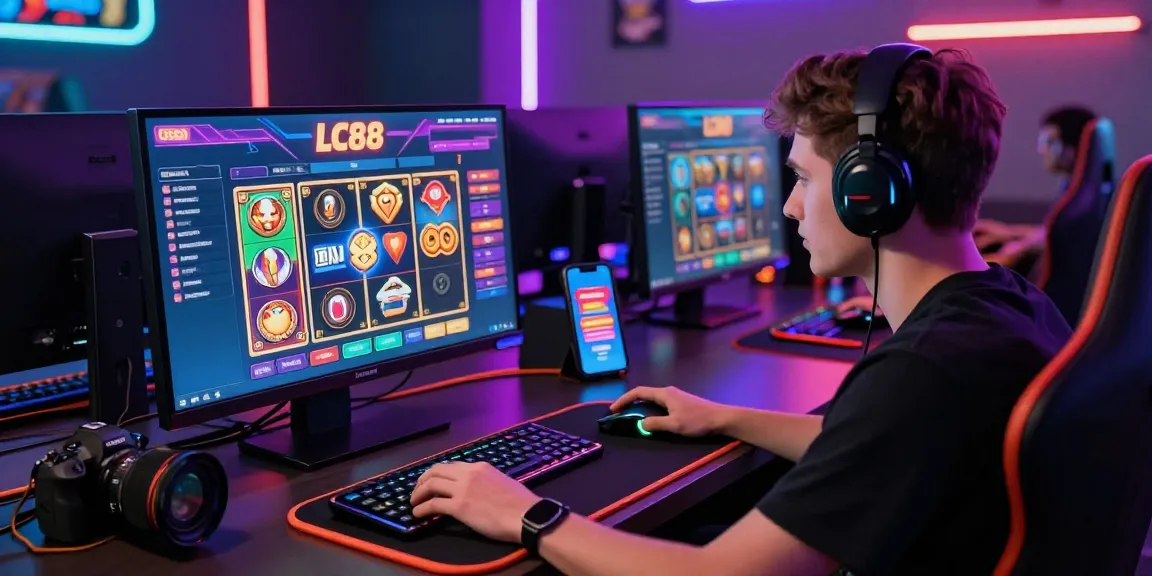 Engaged player enjoying the LC88 online casino experience in a vibrant gaming setup.