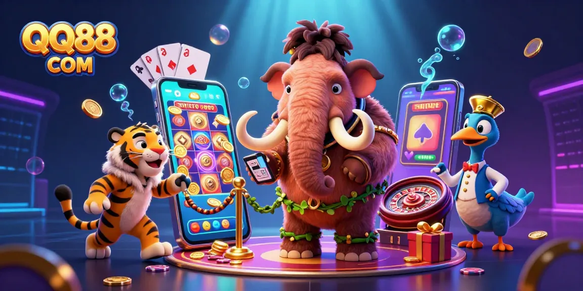Experience the excitement of QQ88 COM with a bustling casino scene featuring a woolly mammoth bouncer and VIP guests.