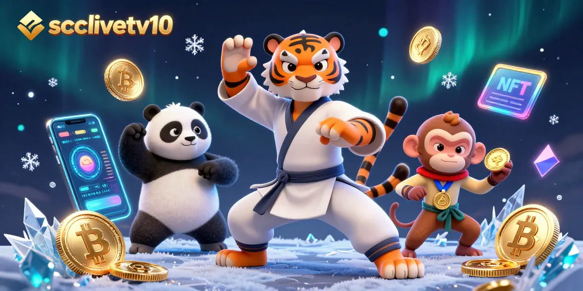 Socolivetv10 features an exciting scene with a kung fu tiger, panda disciple, and monkey stealing medals surrounded by cryptocurrency elements.