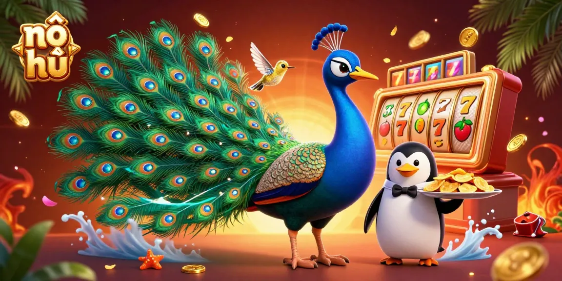 Spin the nổ hũ reels as the aristocratic peacock showcases its glory with lucky tokens.