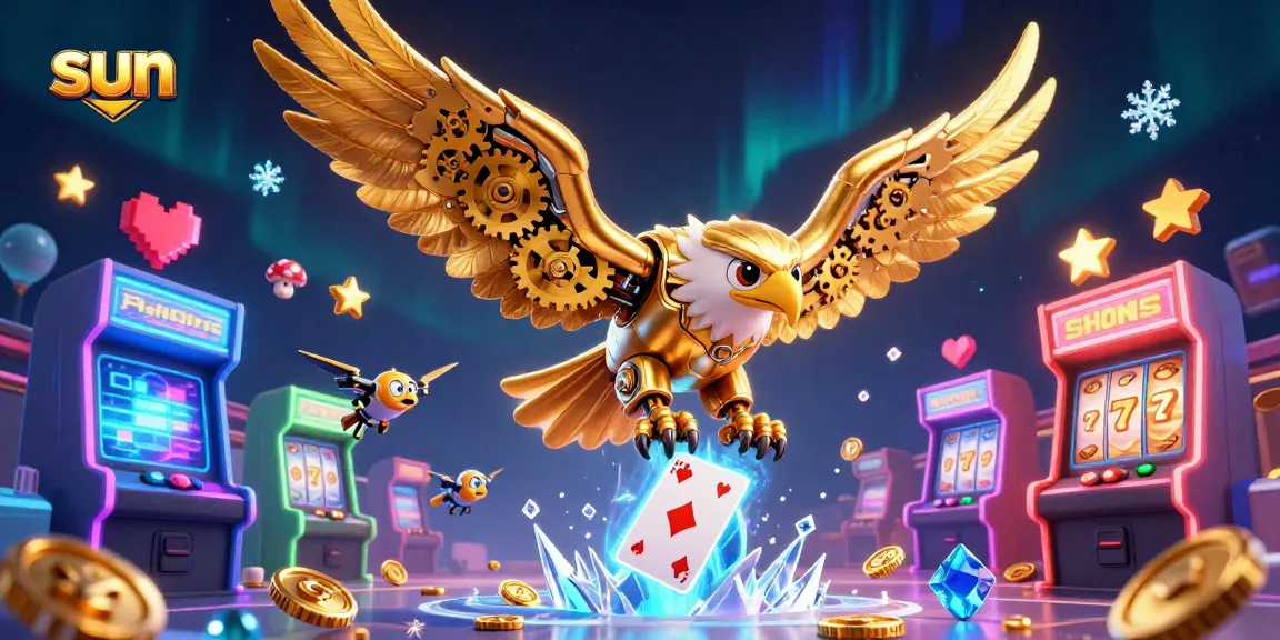 Experience thrilling gameplay with sun-themed 3D casino action featuring a golden eagle and slot machines.
