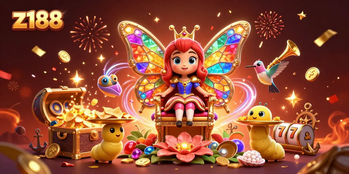 Win big with z188 in a vibrant 3D casino scene filled with sparkling gems and celebratory elements.