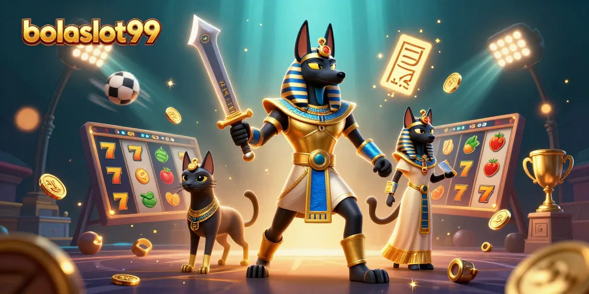 Bolaslot99 features a vibrant 3D illustration showcasing ancient characters and exciting slot elements.