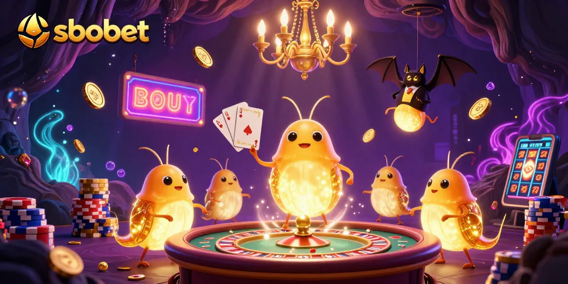 sbobet spins up excitement in a colorful cave casino with glowing elements and a bat dealer.