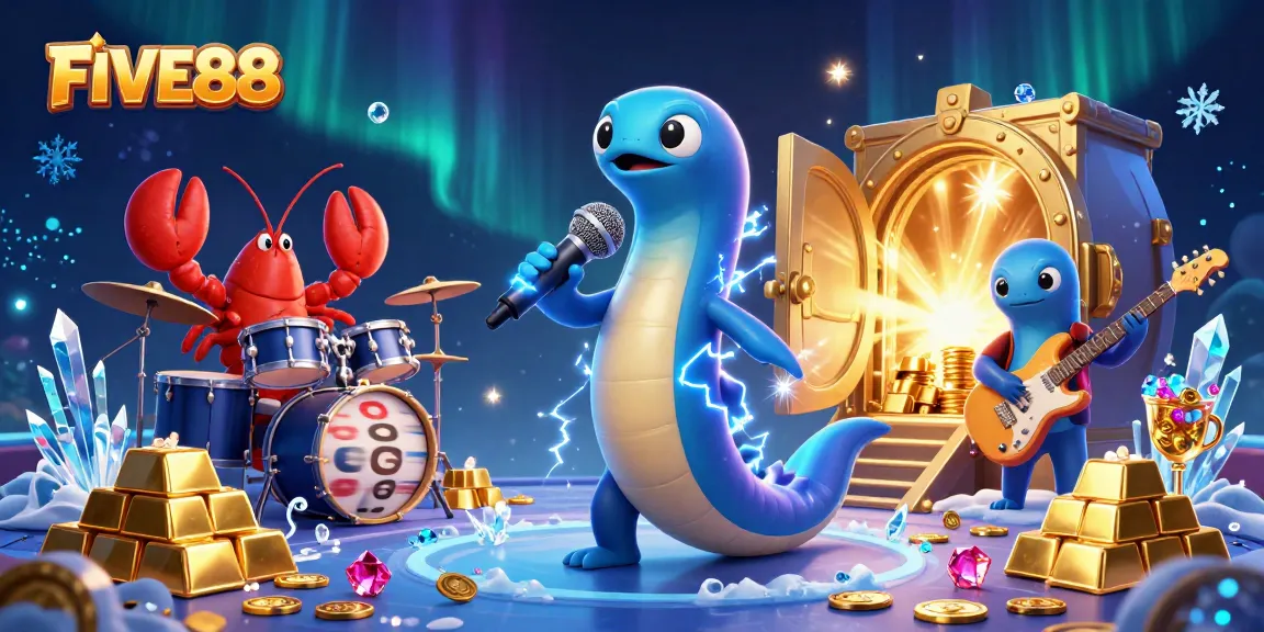 Experience the electric vibes of FIVE88's underwater casino with a DJ eel and vibrant characters.