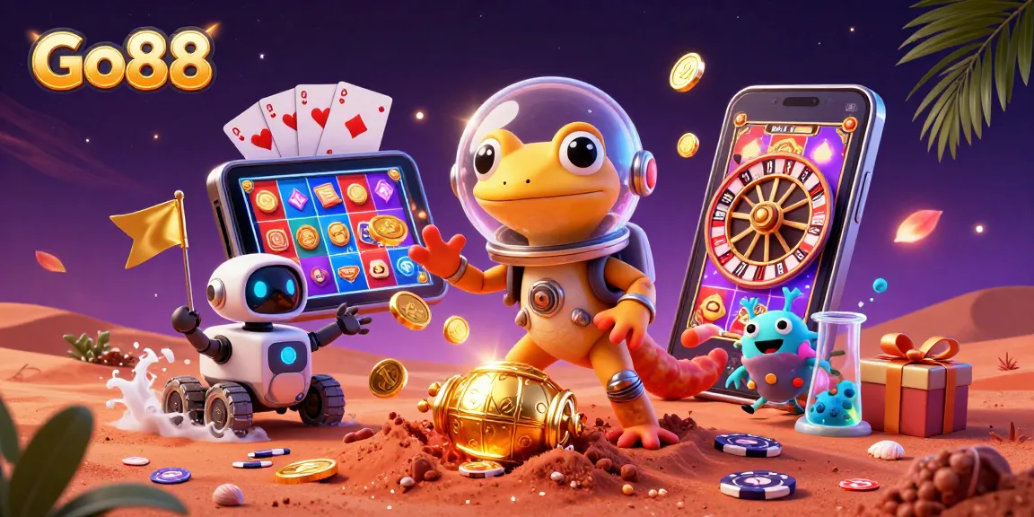 Go88 casino adventure: Martian gecko discovers a golden casino with slot games and cheering aliens.