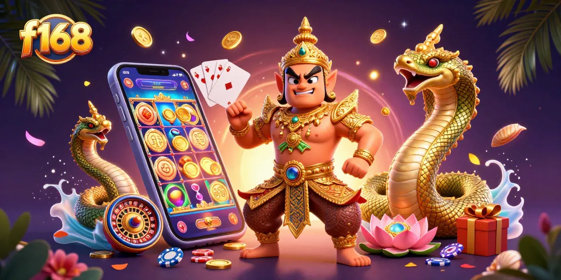 Experience f168's vibrant gaming world with a 3D Thai guardian and exciting casino elements.