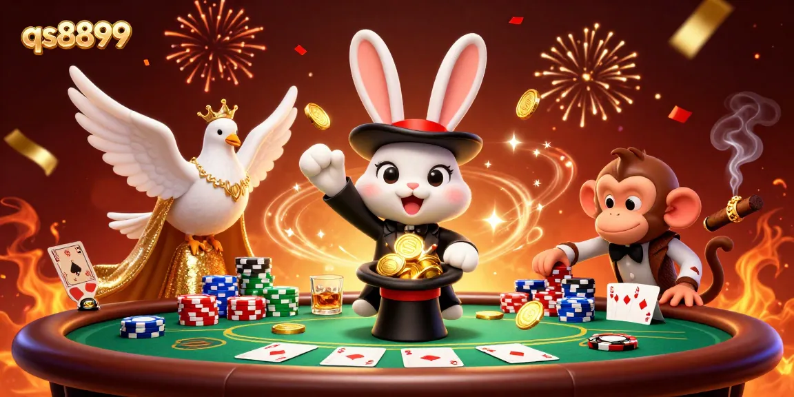 Experience excitement at qs8899 with a magical casino scene featuring poker chips and golden coins.