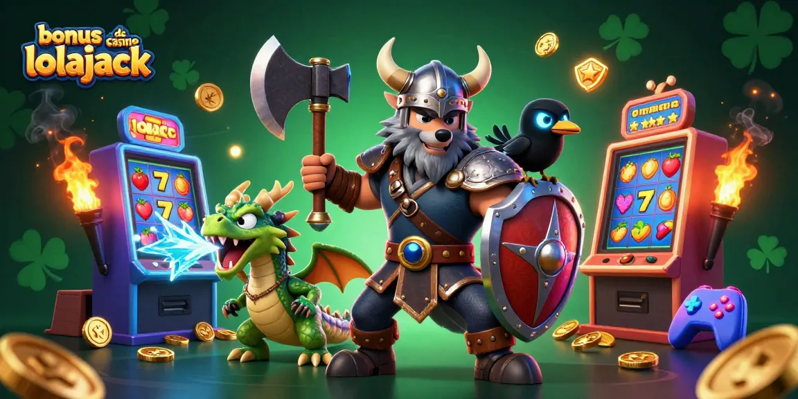 Profitez du bonus de casino lolajack avec une illustration dynamique de jeux et de personnages fantastiques.
