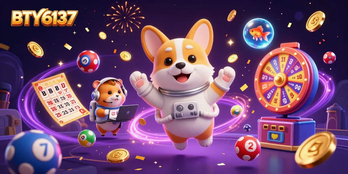 Engage with BTY6137 in a vibrant space casino scene featuring dynamic lottery balls and gaming excitement.