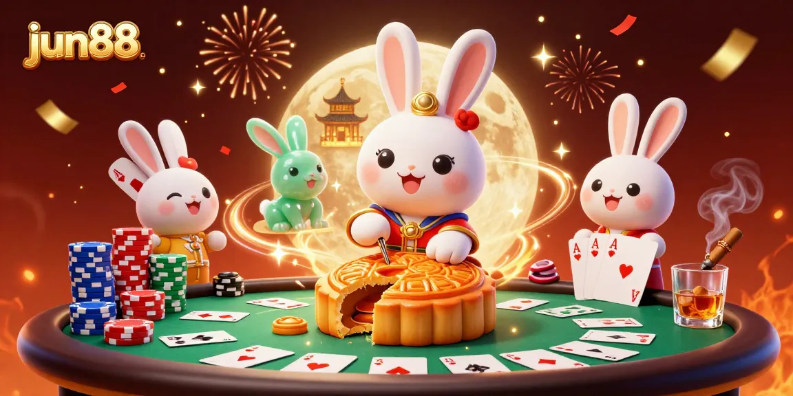 Discover exciting poker action at jun88 with a moon rabbit and poker chips in a festive scene.