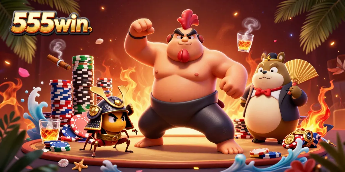 Engage with the thrilling action at 555win with a sumo wrestler and fighting cricket in a vibrant arena.
