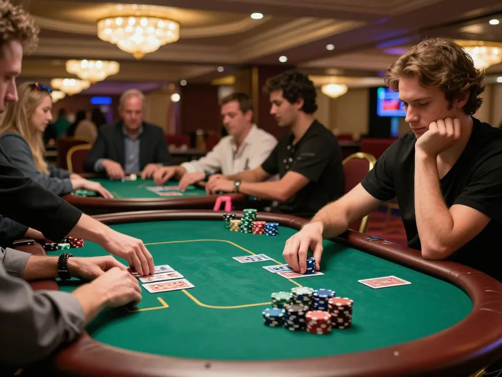 Players strategizing at a Kwin poker table in an upscale casino, capturing excitement and focus.