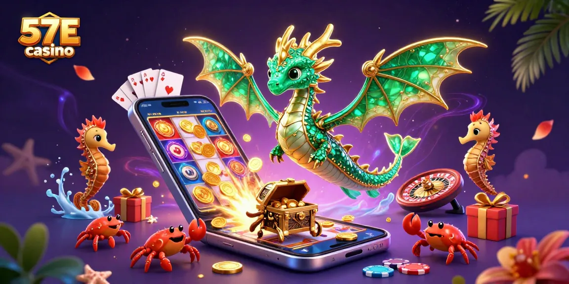 Engage in thrilling gameplay at 57E casino, featuring vibrant sea dragon, exciting reels, and treasure elements.