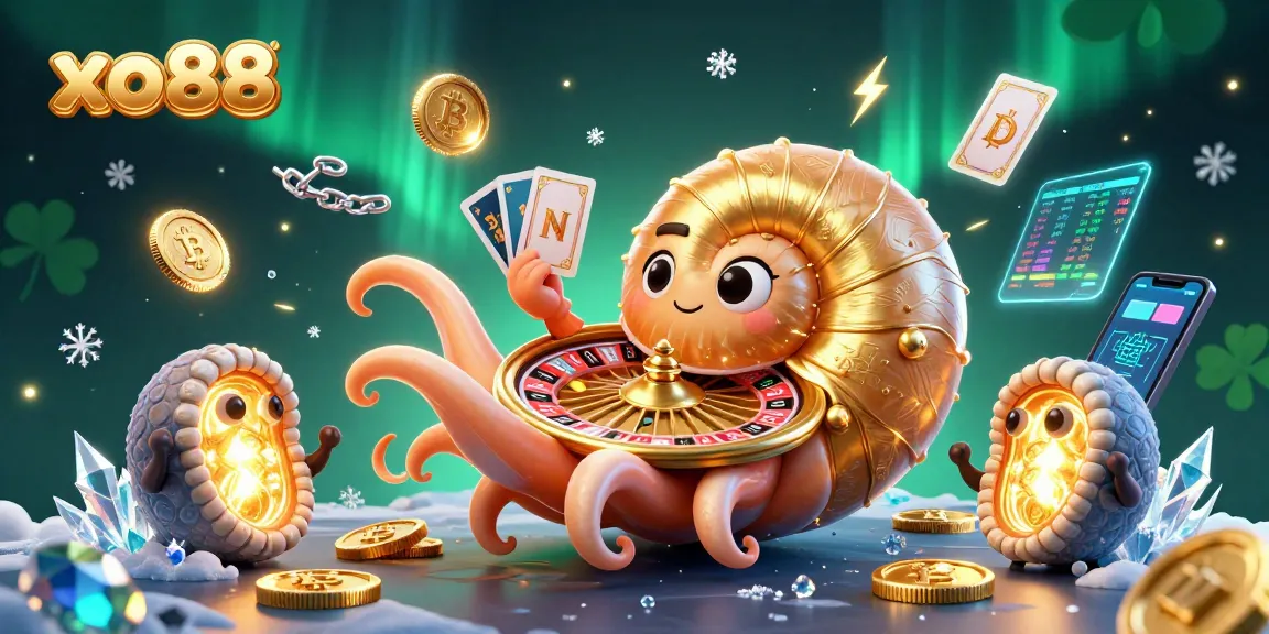 Experience xo88 with a vibrant casino scene featuring crypto elements and a nautilus roulette wheel.