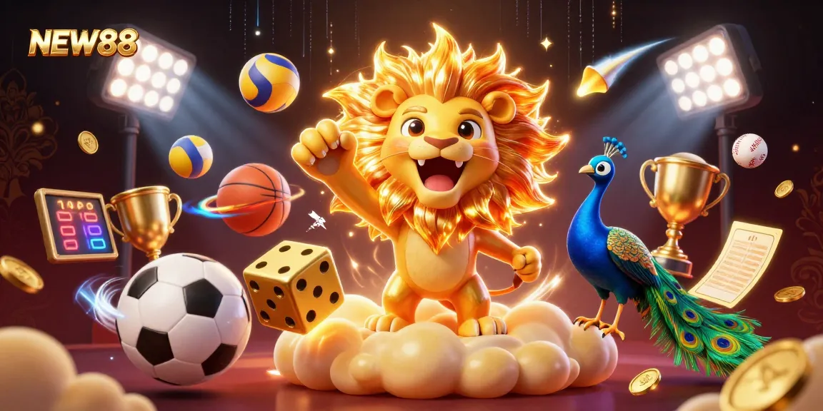 Engage in the thrilling world of NEW88 with dynamic sports betting elements and celebratory visuals.