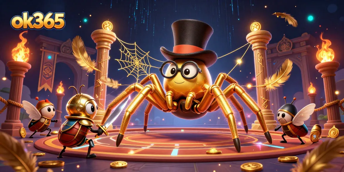 ok365 depicts an exciting casino scene with a giant golden tarantula, beetle knight, and gold coins