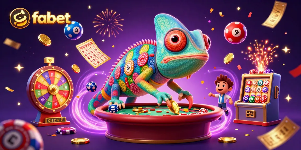 Engage in thrilling gameplay with fabet's dynamic casino elements and vibrant chameleon character.